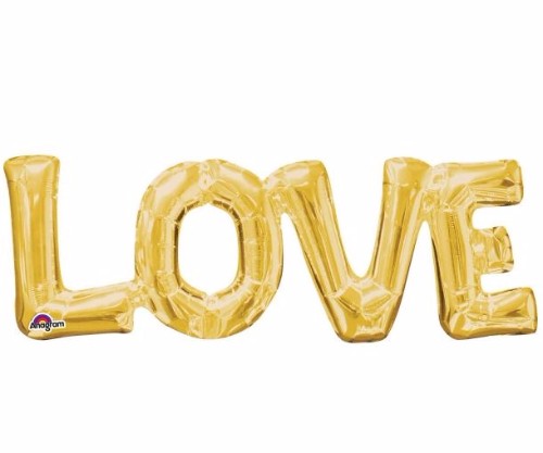 Gold foil balloon in 'LOVE' script design, self-sealing, 63cm x 22cm, perfect for romantic celebrations and decor.