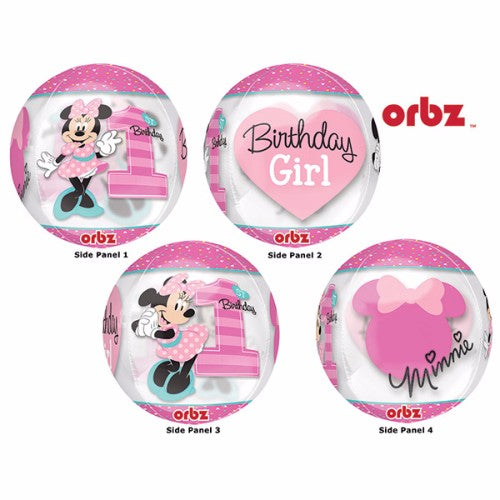 Shape Orbz Balloon featuring Minnie Mouse, 38cm x 40cm, perfect for a 1st birthday celebration.