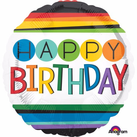 Vibrant 45cm Happy Birthday foil balloon with colorful rainbow stripes, perfect for festive birthday celebrations.