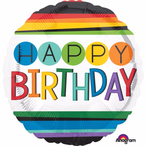 Vibrant 45cm Happy Birthday foil balloon with colorful rainbow stripes, perfect for festive birthday celebrations.