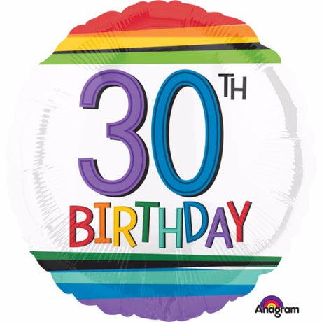 Vibrant 45cm foil balloon with rainbow stripes, perfect for celebrating a 30th birthday in style.
