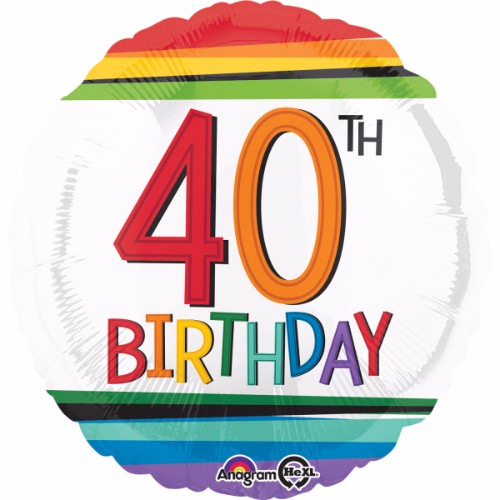 45cm foil balloon with vibrant rainbow stripes for a festive 40th birthday celebration, self-sealing and helium-filled.