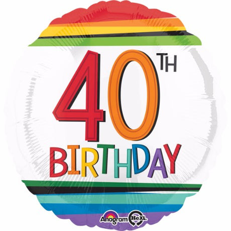 45cm foil balloon with vibrant rainbow stripes for a festive 40th birthday celebration, self-sealing and helium-filled.