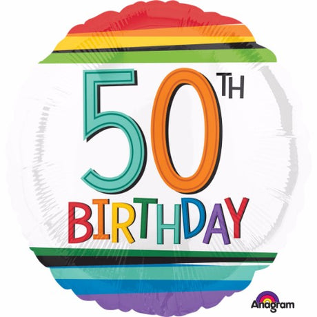 Vibrant 45cm foil balloon with rainbow stripes, perfect for 50th birthday celebrations and festive decor.