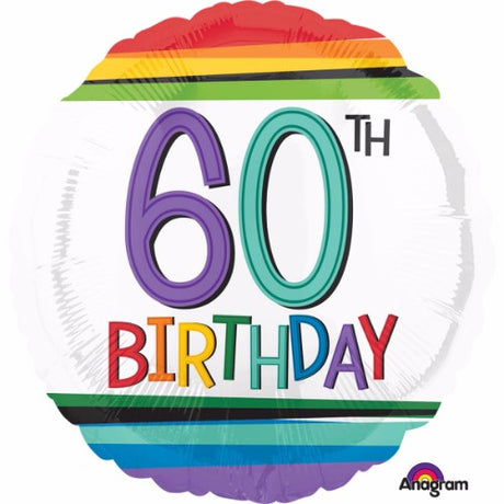 45cm rainbow-striped foil balloon for 60th birthday celebrations, perfect for vibrant party decor.