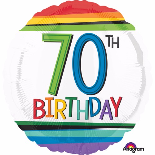 Vibrant 45cm foil balloon with rainbow stripes for 70th birthday celebrations, self-sealing, helium-inflated design.