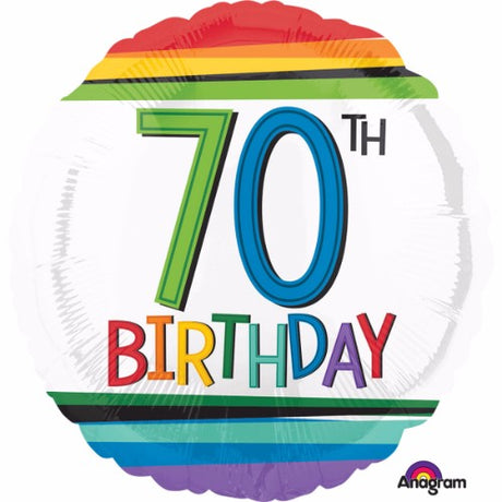 Vibrant 45cm foil balloon with rainbow stripes for 70th birthday celebrations, self-sealing, helium-inflated design.