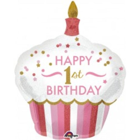 Holographic foil balloon for a girl's 1st birthday, featuring vibrant cupcake graphics, 73cm x 91cm, self-sealing design.