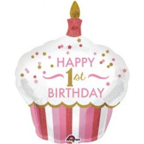Holographic foil balloon for a girl's 1st birthday, featuring vibrant cupcake graphics, 73cm x 91cm, self-sealing design.