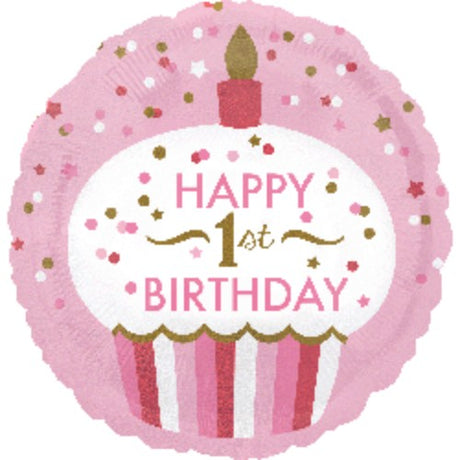45cm holographic foil balloon featuring a cheerful cupcake design for girls' 1st birthday celebrations.