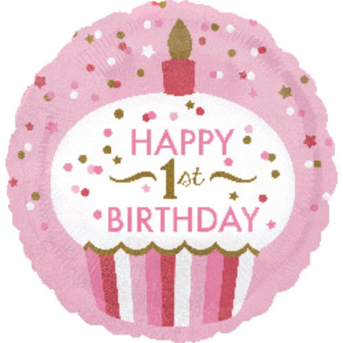45cm holographic foil balloon featuring a cheerful cupcake design for girls' 1st birthday celebrations.