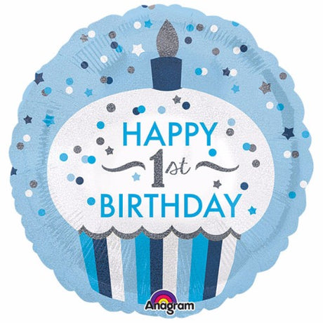 Vibrant 45cm holographic foil balloon featuring a cupcake design for a boy’s 1st birthday celebration.