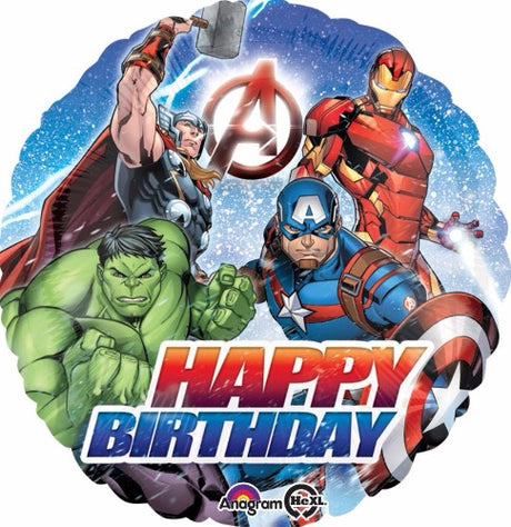 45cm Avengers Happy Birthday Balloon featuring Marvel heroes, ideal for superhero-themed parties and easy helium inflation.