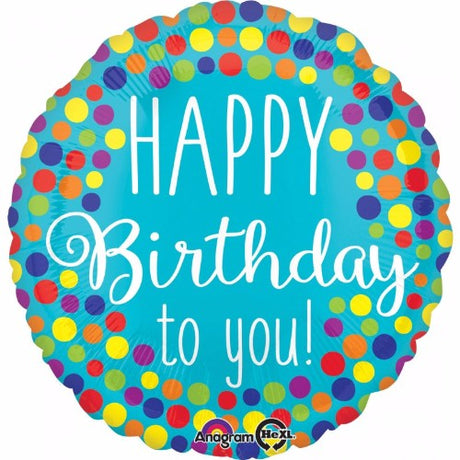 45cm foil balloon with 'Happy Birthday' message in colorful dots, perfect for festive party decorations.