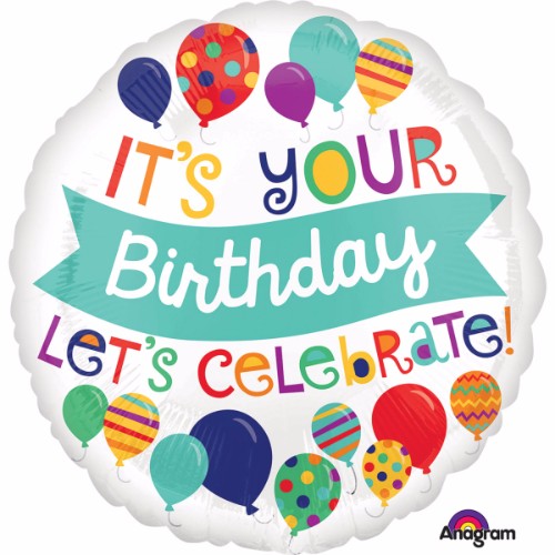 Vibrant 22cm flat foil balloon with 'It's Your Birthday Let's Celebrate' design, perfect for festive birthday decor.