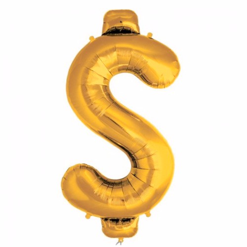 Gold foil dollar sign balloon, self-sealing, 53cm x 101cm, perfect for celebrations and festive decorations.