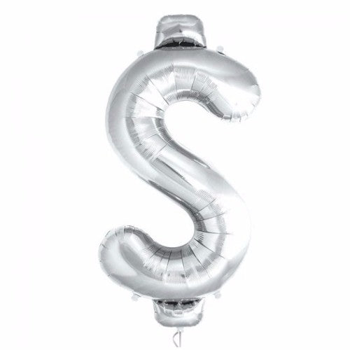 Silver foil dollar sign balloon measuring 53cm x 101cm, perfect for celebrations and events, requires helium to float.