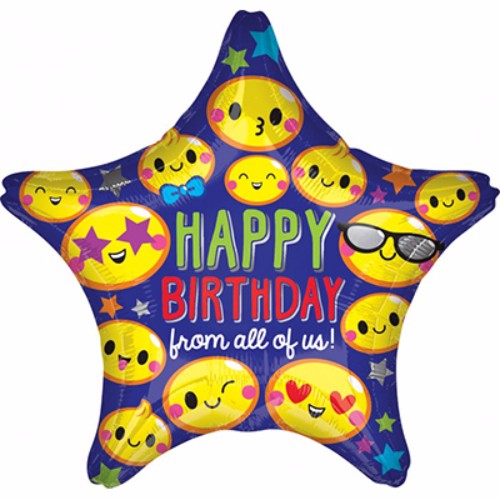 45cm foil balloon featuring cheerful smiley faces, perfect for birthdays and celebrations, self-sealing and helium-ready.