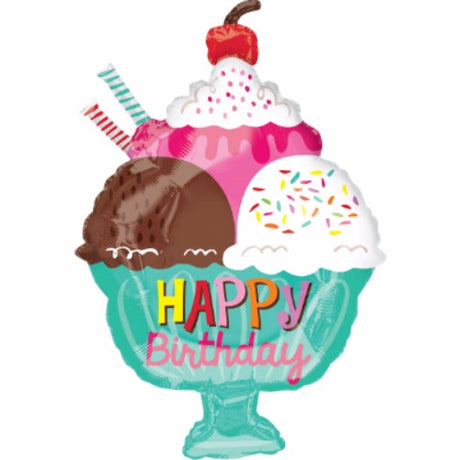 Colorful ice cream sundae-shaped balloon for kids' birthday celebrations, self-sealing and helium-inflated.