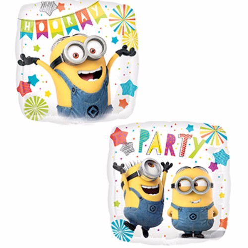 45cm Minions Party Hooray foil balloon, self-sealing and designed for helium inflation, perfect for festive celebrations.