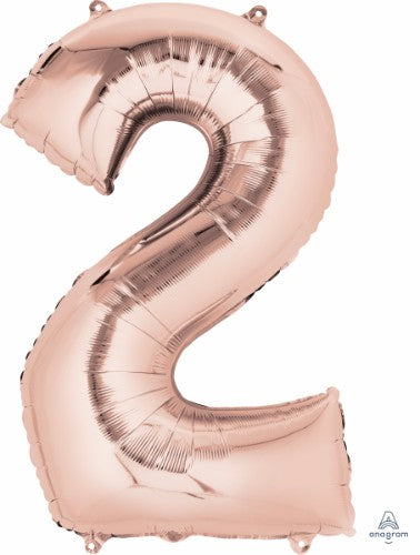 Rose gold foil balloon in the shape of number two, 86cm, perfect for celebrations and events.