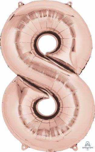 Rose gold number eight foil balloon, 86cm, self-sealing, perfect for elegant celebrations and memorable decor.