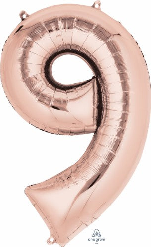 86cm rose gold foil balloon shaped like the number nine, perfect for elegant celebrations and versatile decorating.