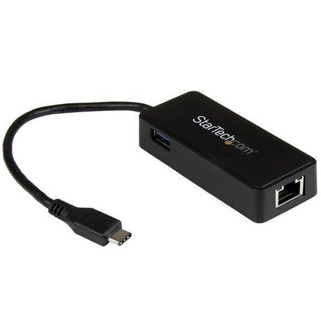 USB-C to Gigabit Ethernet Adapter with USB 3.0 port for high-speed internet and peripheral connectivity for laptops.