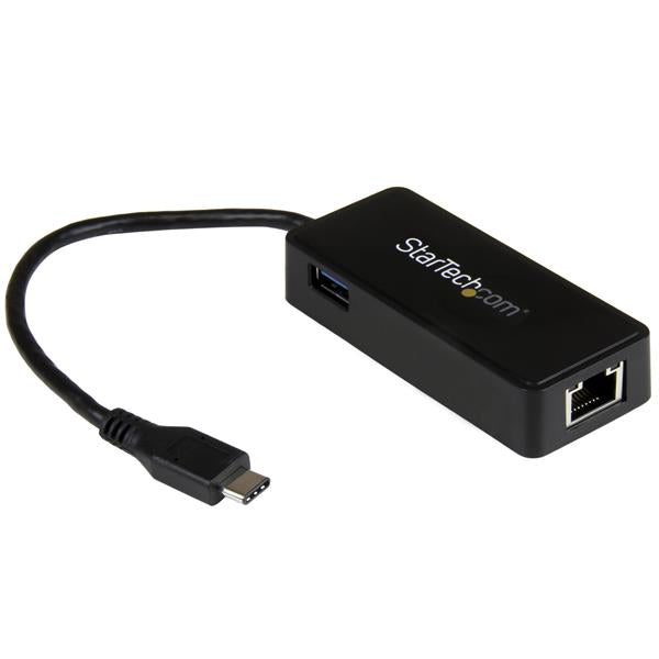 USB-C to Gigabit Ethernet Adapter with USB 3.0 port for high-speed internet and peripheral connectivity for laptops.