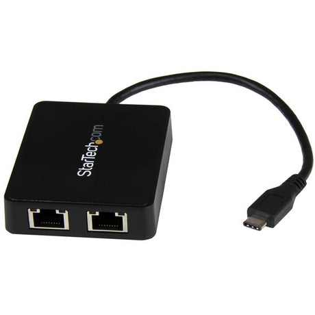 USB-C Dual Gigabit Ethernet Adapter with USB Type-A, providing fast wired connections and dual Ethernet ports for enhanced productivity.