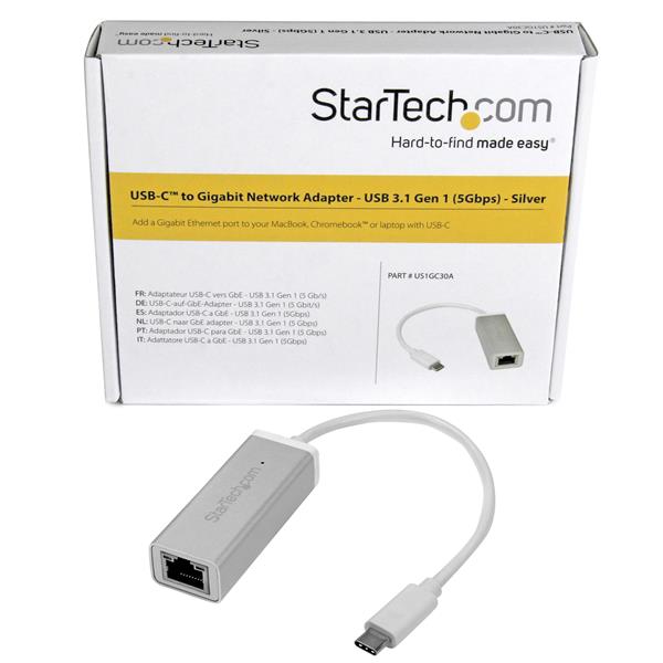 USB-C to Gigabit Ethernet Adapter in silver, offering high-speed stable network access for laptops and Chromebooks.