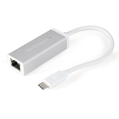 USB-C to Gigabit Ethernet Adapter in silver, offering high-speed network access for laptops and Chromebooks.