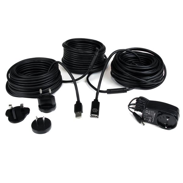35m USB 2.0 active extension cable with AC adapter, ensuring 480 Mbps speed and reliable connectivity for devices.
