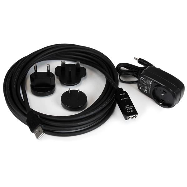 5m USB 2.0 Active Extension Cable with power adapter for high-speed connectivity and extended reach for USB devices.