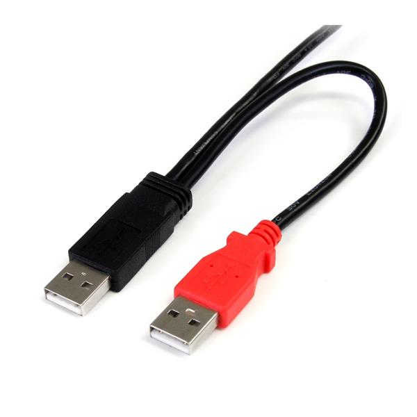 1 ft USB Y cable with dual USB A connectors for enhanced power to external hard drives and efficient data transfer.