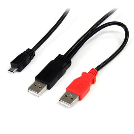 1 ft USB Y Cable with dual A connectors and Micro B for enhanced power and fast data transfer to external hard drives.