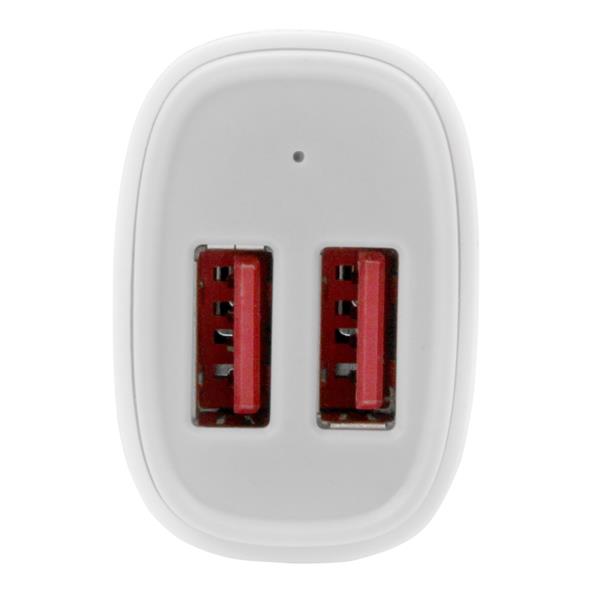 Dual-port USB car charger in white, fast charging 24W/4.8A for iPhone, iPad, and Samsung devices, perfect for travel.