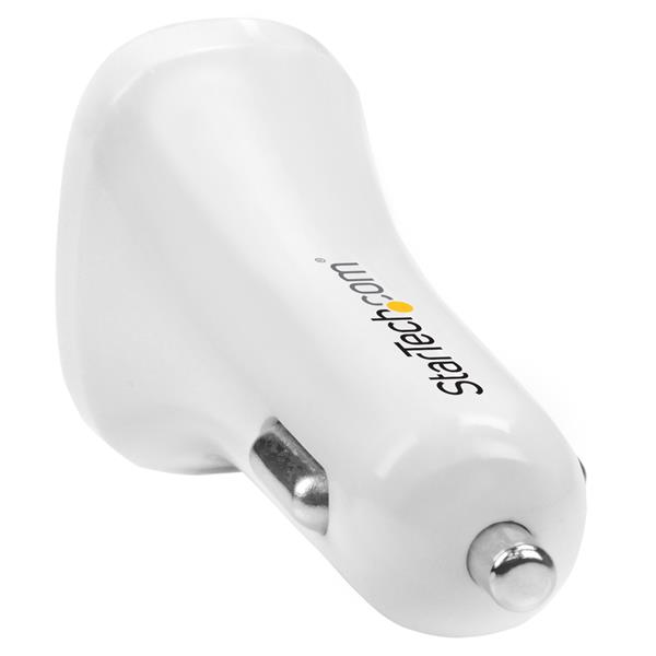 Dual-port USB car charger in white, offering fast 24W/4.8A charging for iPhone, iPad, and Samsung devices on the go.