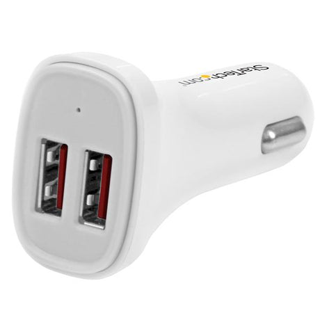 Dual-port USB car charger in white, fast charging up to 24W/4.8A for iPhones and Samsung devices, perfect for travel.