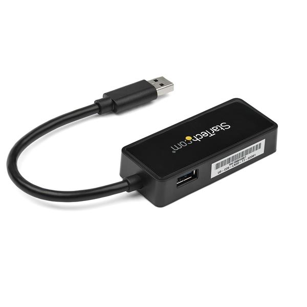 USB 3.0 Gigabit Ethernet Adapter in black with pass-through port for high-speed internet on laptops and ultrabooks.