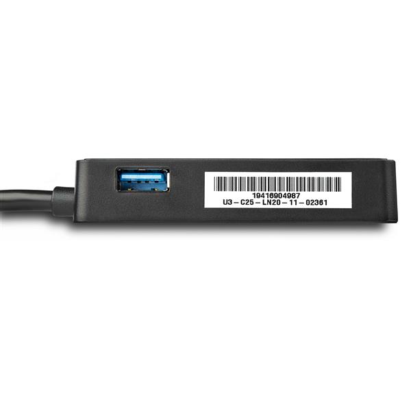 USB 3.0 Gigabit Ethernet Adapter in black, offering high-speed internet and USB passthrough for laptops and ultrabooks.