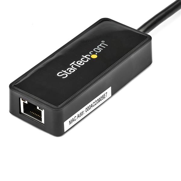USB 3.0 Gigabit Ethernet Adapter in black, with passthrough for connecting additional devices and high-speed internet access.