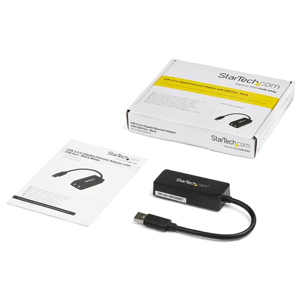 USB 3.0 Gigabit Ethernet adapter in black with USB pass-through for quick, high-speed internet on laptops and ultrabooks.