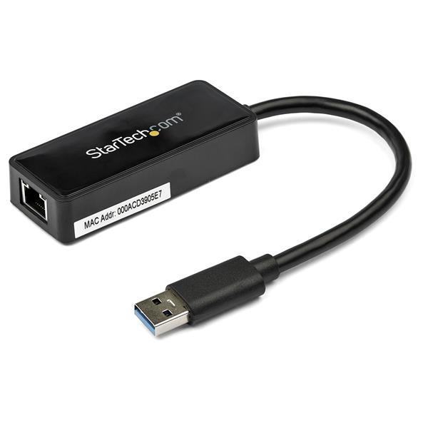 USB 3.0 Gigabit Ethernet Adapter in black with pass-through port, ideal for enhancing laptop connectivity and internet speed.