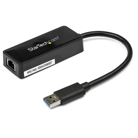 USB 3.0 Gigabit Ethernet Adapter in black with pass-through port, ideal for enhancing laptop connectivity and internet speed.