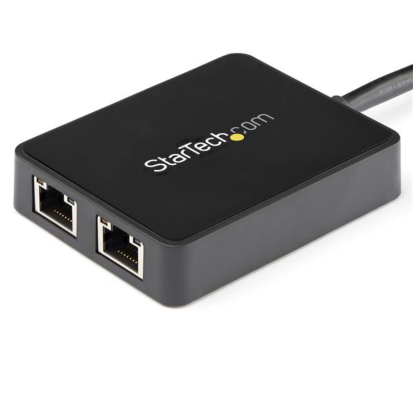 USB 3.0 Dual Port Gigabit Ethernet Adapter with pass-through USB, high-speed connectivity for laptops and Ultrabooks.