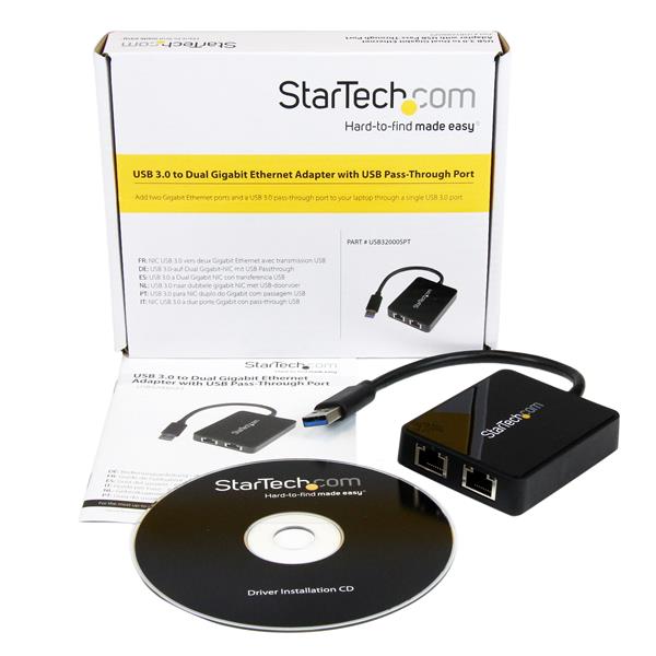 USB 3.0 Dual Port Gigabit Ethernet adapter with pass-through port for high-speed networking and peripheral connectivity.