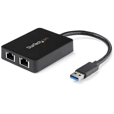 USB 3.0 dual port gigabit Ethernet adapter with pass-through USB for high-speed networking and multitasking.