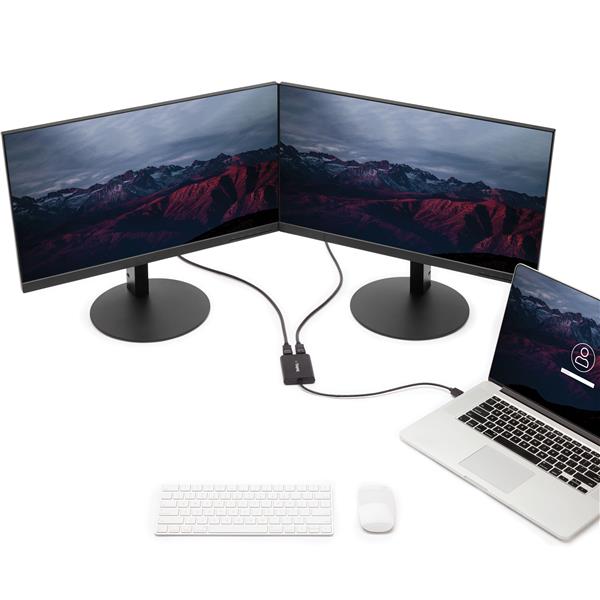 USB to Dual DisplayPort Adapter connecting two 4K monitors, enhancing multitasking with Ultra HD resolution at 60Hz.