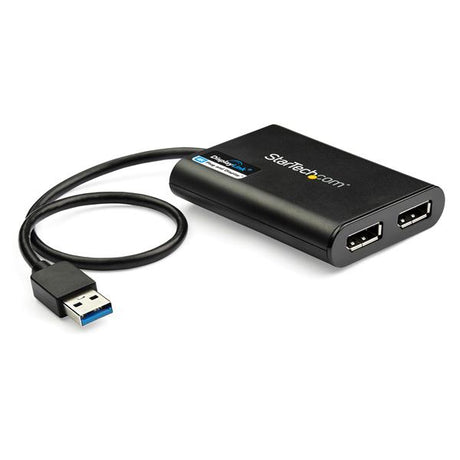 USB to Dual DisplayPort Adapter connecting two 4K monitors, enabling enhanced multitasking and productivity for Windows/Mac users.